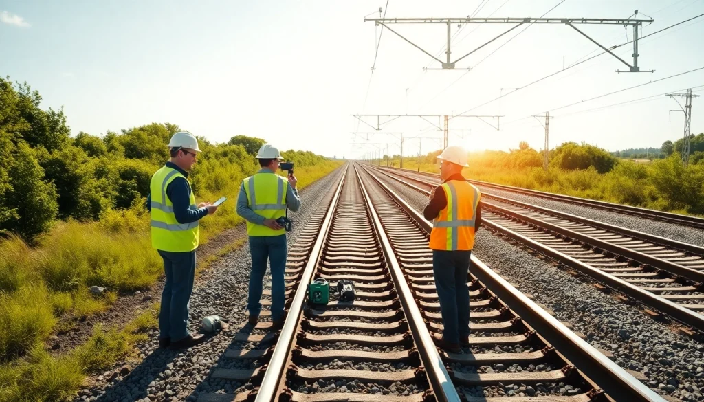Railroad track inspection showcasing expert evaluation techniques and advanced tools in use.