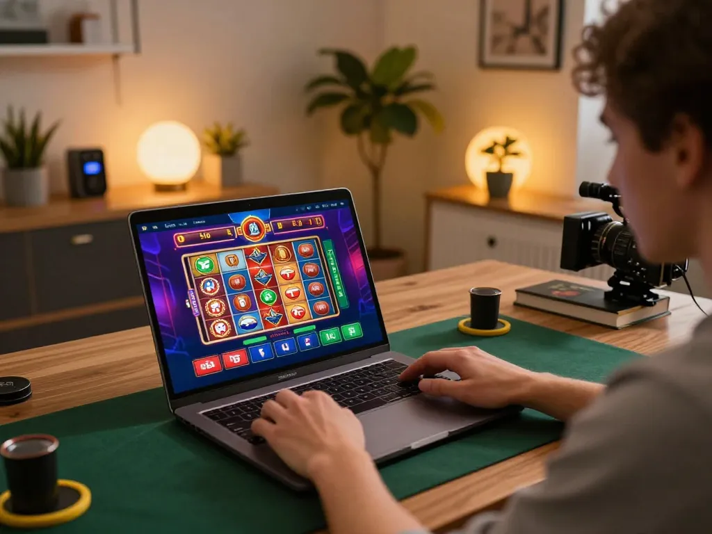 Engaging with TG88 casino app on a laptop showcasing vibrant gaming interface at home.