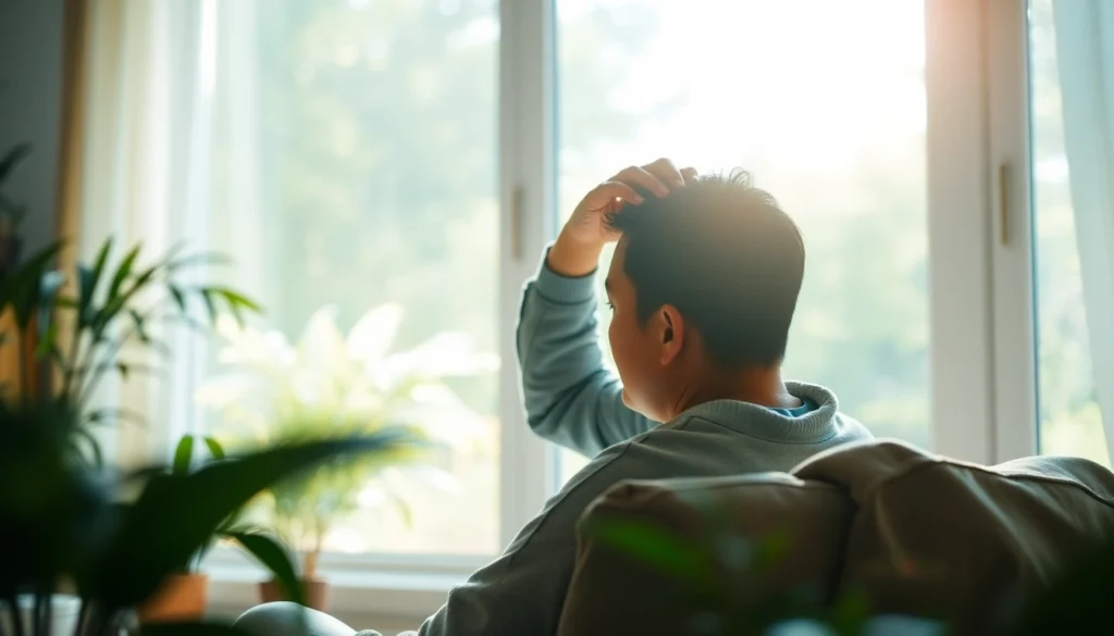 Understand anxiety symptoms through a reflective individual in a calming setting.