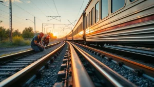 Efficient railway maintenance with workers performing track repairs during sunrise.