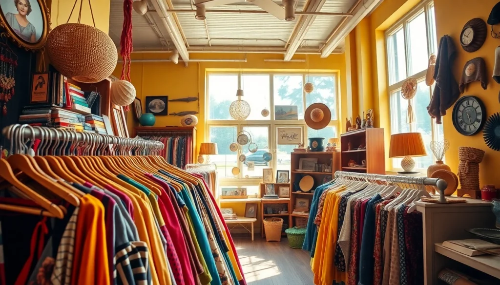 Shop vibrant styles at a thrift store Denmark with eclectic vintage finds and warm lighting.