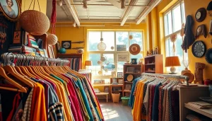 Shop vibrant styles at a thrift store Denmark with eclectic vintage finds and warm lighting.