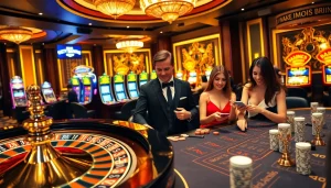 Excited players at a luxury casino featuring MV 88 audio elements enhancing gaming experiences.