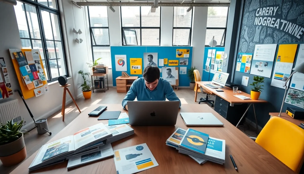 Creating brochure website design essex in a modern graphic design studio workspace.