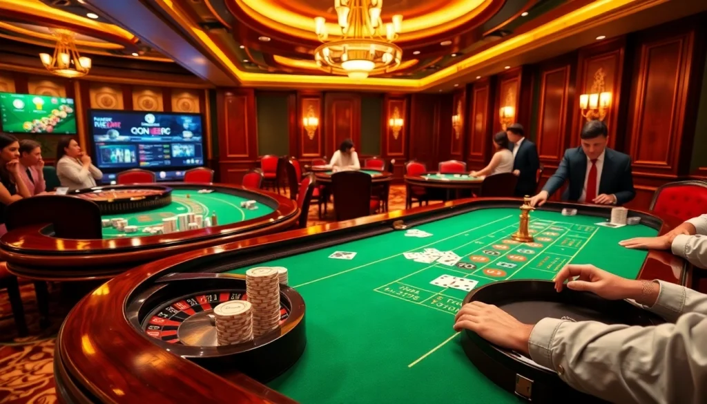 Exciting QQ88 online gambling scene with polished casino tables and vibrant players.