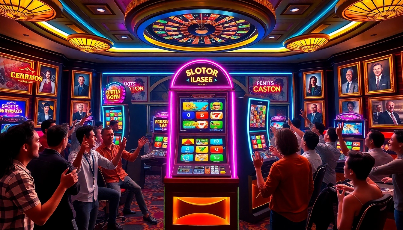 Players celebrating wins at a vibrant slot88 gacor machine in a luxurious casino setting.