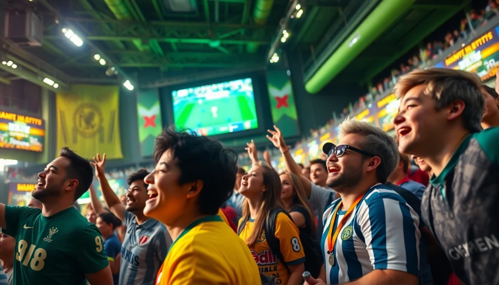 Excited fans engaging with live sports and betting at 토토스토리 event.