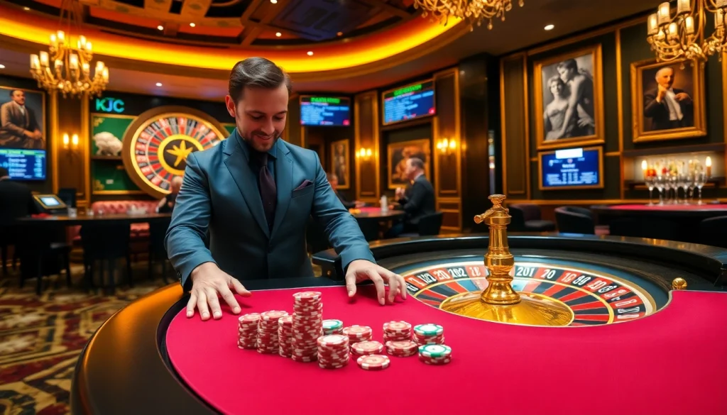 Experience the thrill of KJ C gambling strategy at an elegant casino table filled with excitement.