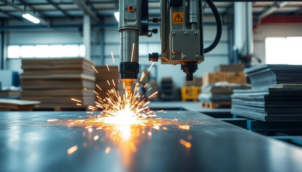 Precision plate cutting process with a laser cutter, showcasing sparks and metal plates.