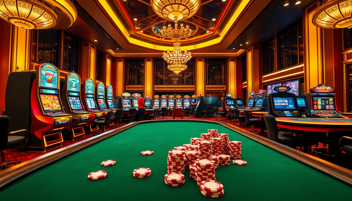Experience the thrill of thabet casino with players engaging at vibrant gaming tables surrounded by luxury.