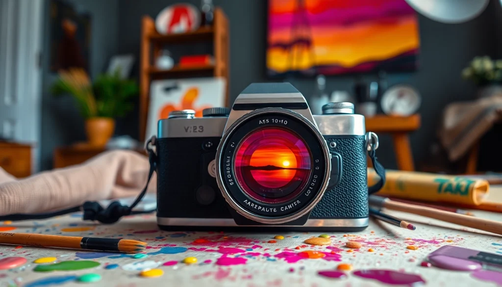image to prompt featuring a vintage camera surrounded by art supplies, capturing a sunset reflection