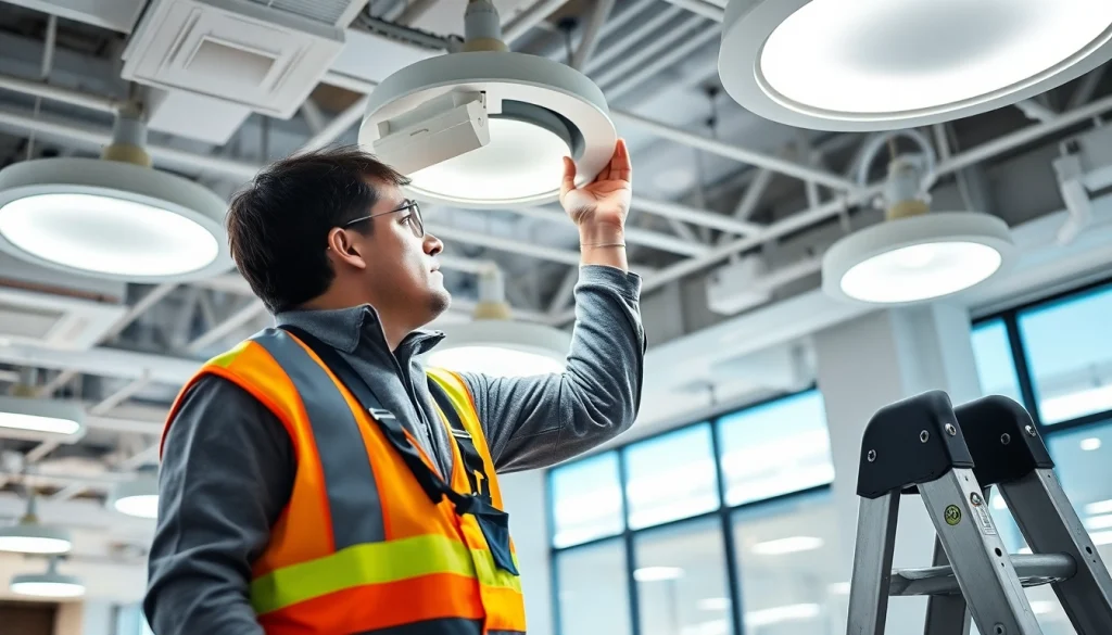 Lighting maintenance technician conducting a professional inspection of ceiling fixtures.