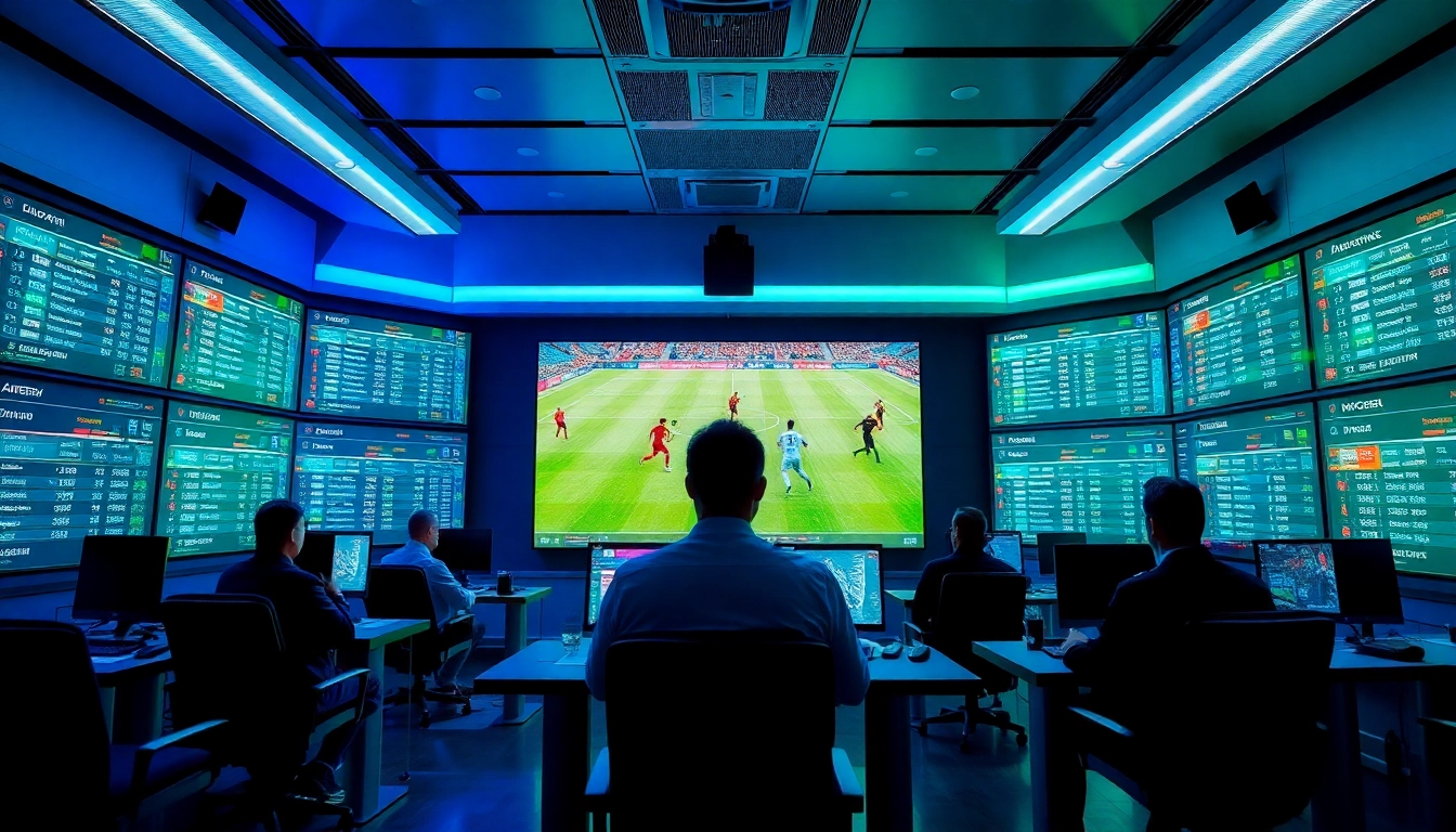 Dynamic sports analysis room showcasing tỷ lệ kèo and live football statistics.