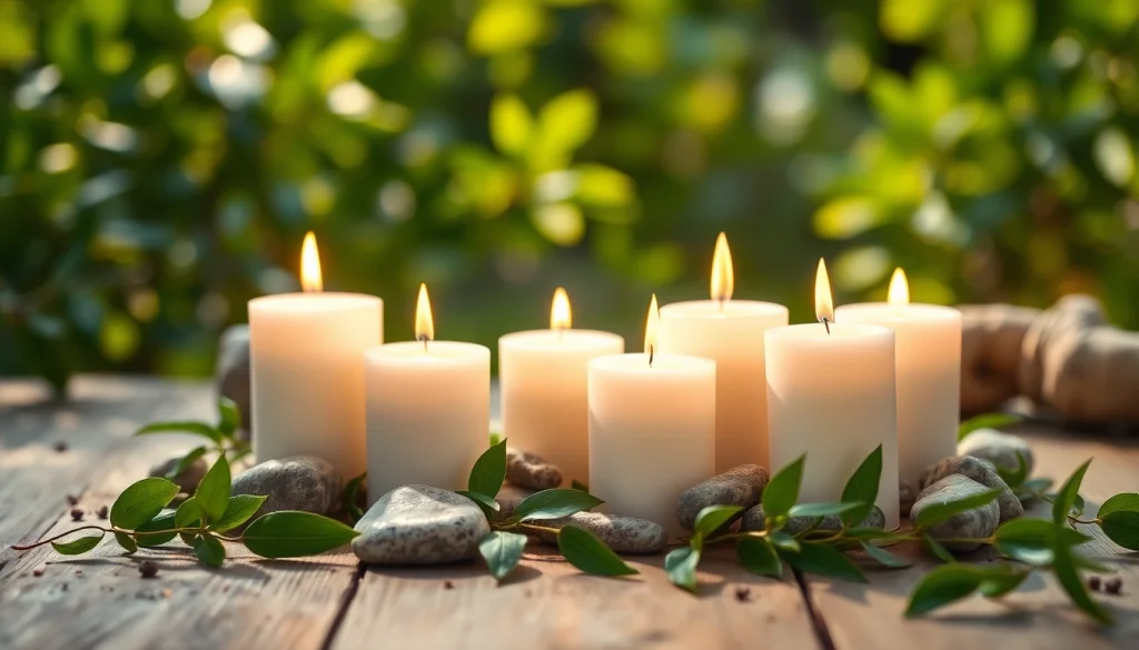 Otkrijte mirisne svece sa prirodnim elementima na drvenom stolu.
