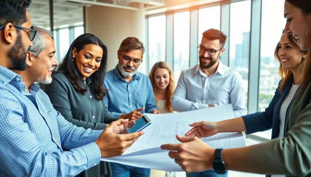 Engaged professionals in a construction network association discussing plans in a bright office.