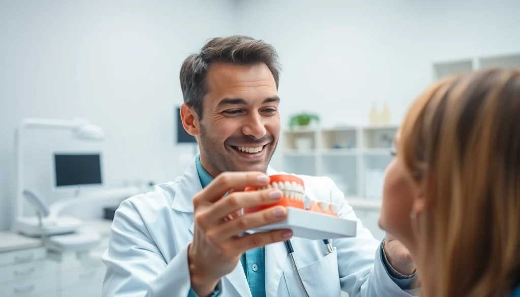 Orthodontist examining dental model, showcasing orthodontics expertise and patient care.
