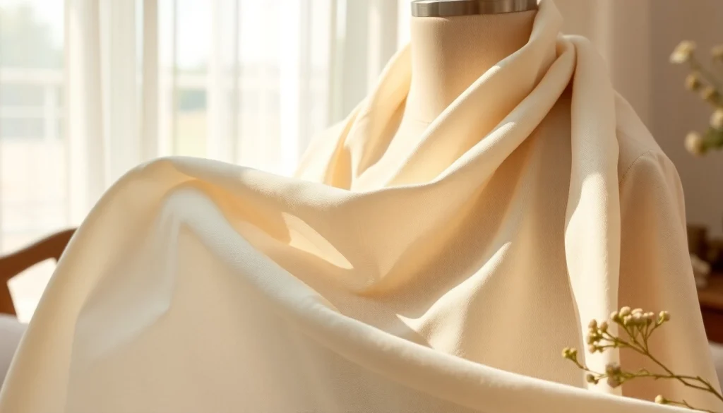 Linnen stof voor jurken drapeert prachtig over een vintage kleermakerspop in gedempt licht.