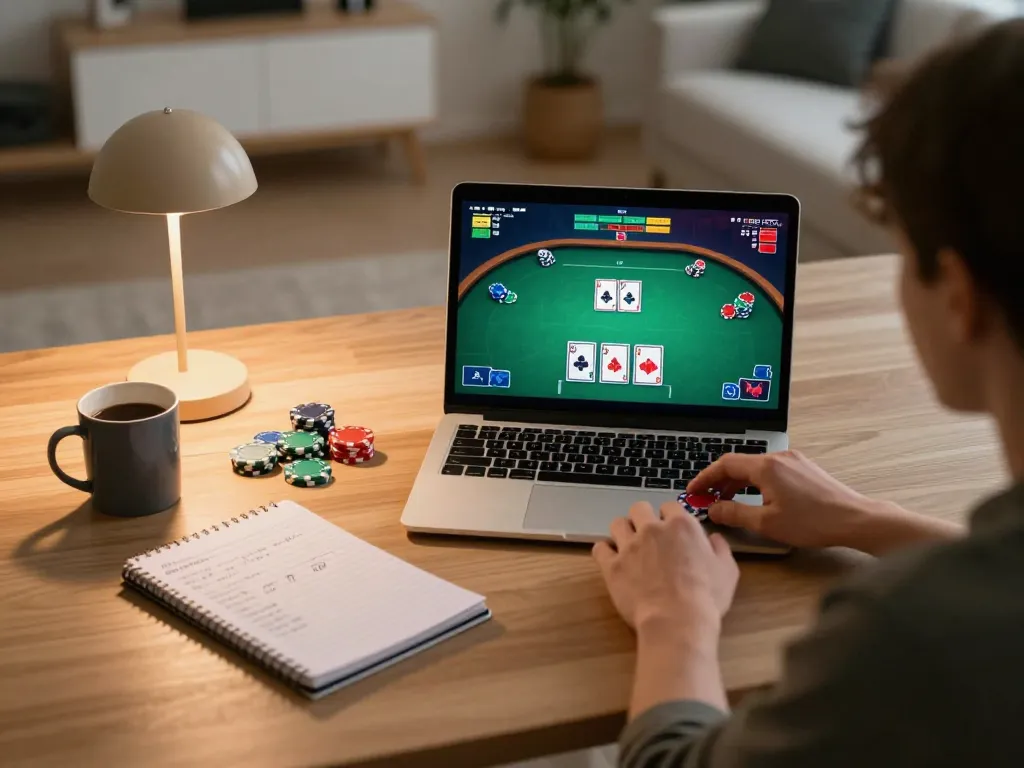 Person playing online poker on TG88 platform, with chips and game interface visible