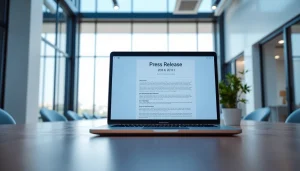 Showcasing the Best Press release website in a modern office setup with laptop and natural light.