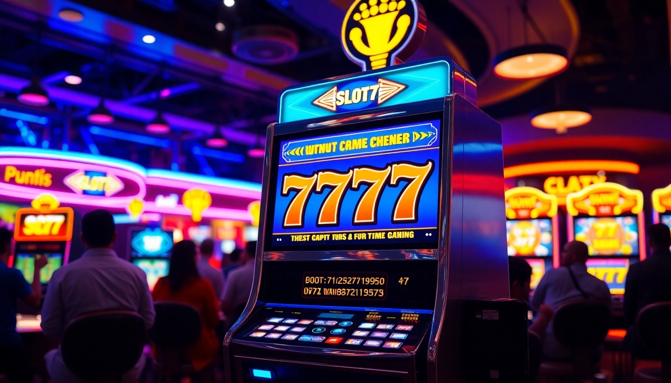 Menampilkan pemain yang menikmati situs slot777 di mesin slot berwarna cerah, menciptakan suasana yang mengasyikkan.