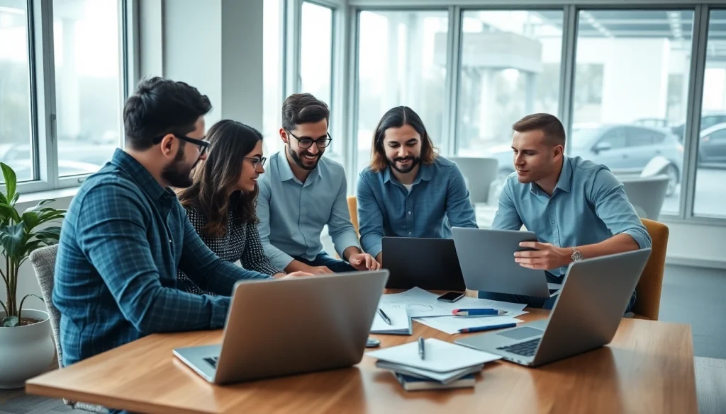 Team collaborating on remote software development jobs, highlighting diverse professionals engaged in a project.