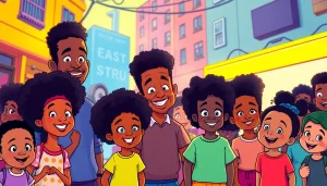 A vibrant scene of African American cartoons engaging children in a colorful urban setting.