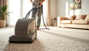 Efficient carpet cleaning near me in a bright, modern living room with deep-cleaned carpets.