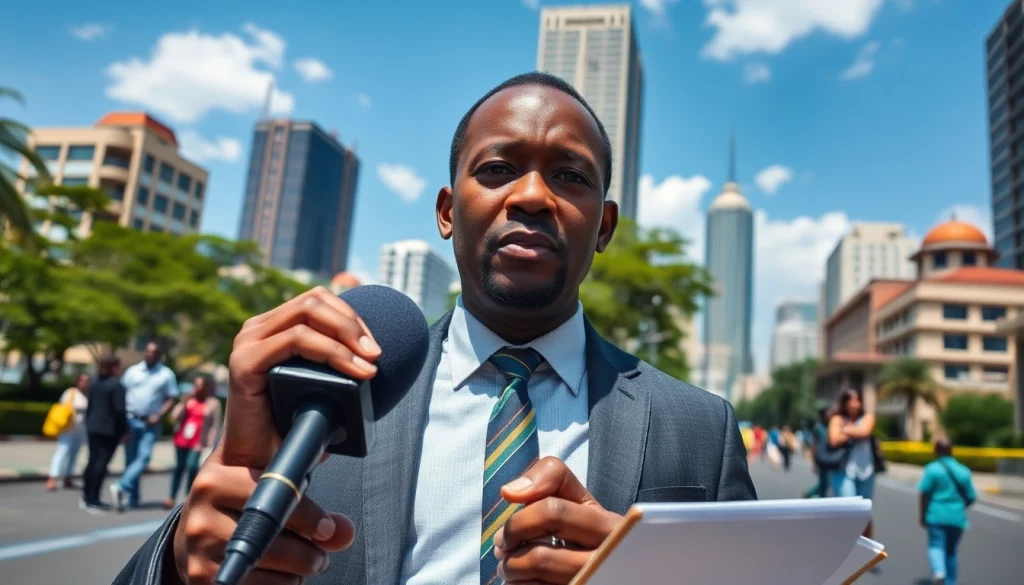 Capture of a lively journalist delivering Kenya News updates against a vibrant Nairobi backdrop.