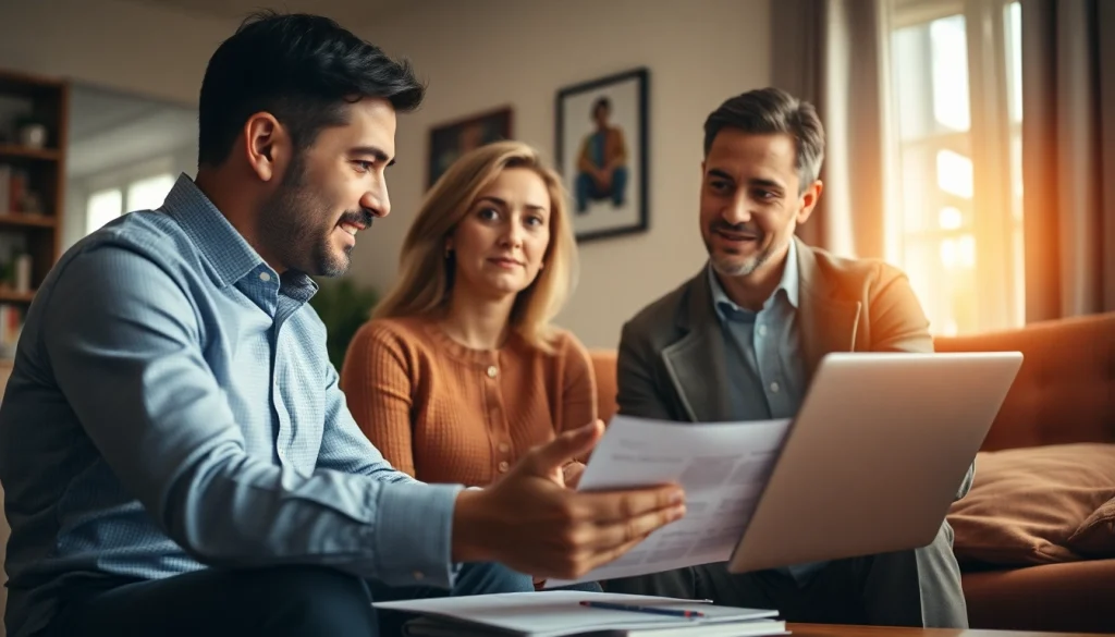 Engaging couple explores heating financing options with a financial advisor.