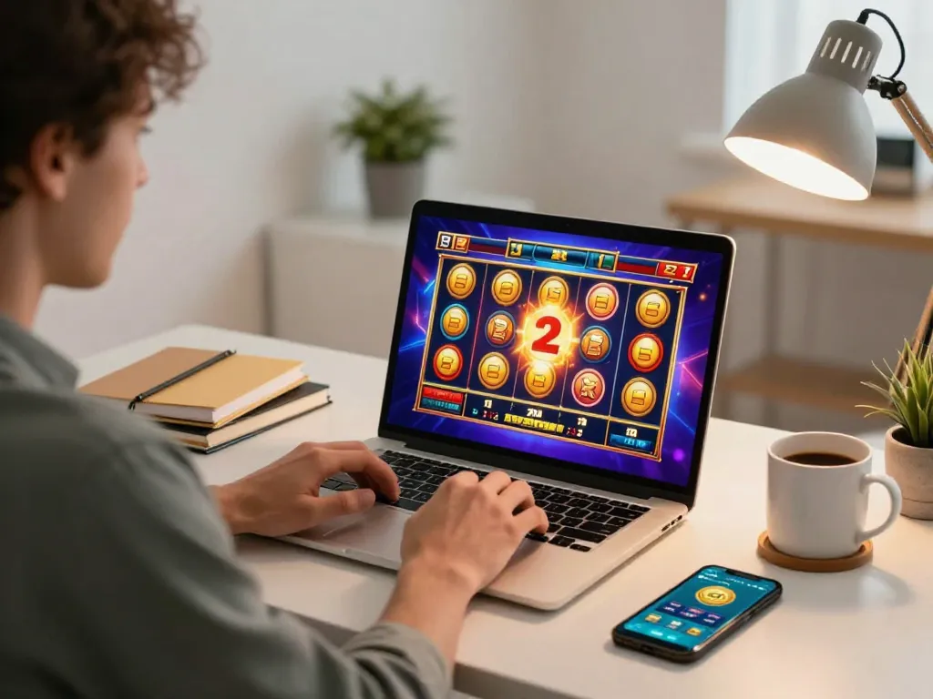 Enjoying a thrilling slot deposit 2rb experience while playing online from a cozy home office.