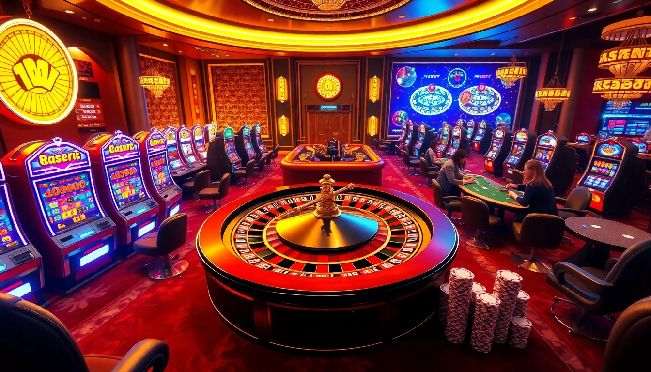 Adegan kasino dinamis yang menampilkan kemewahan dan kegembiraan pengalaman bermain slot Aneka4D dengan roulette dan mesin slot.