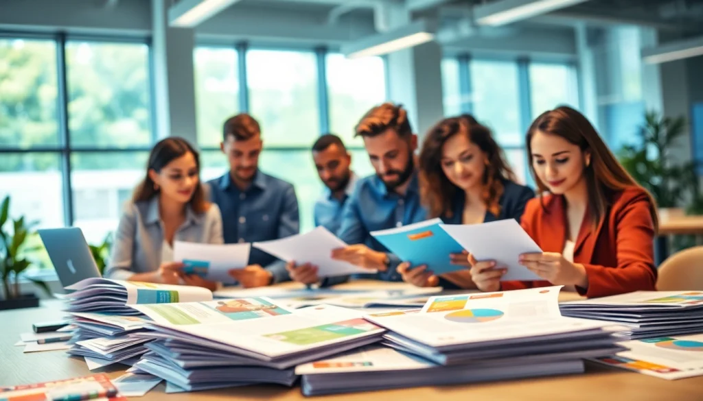 Direct mail company team collaborating on vibrant printing materials in a modern office.