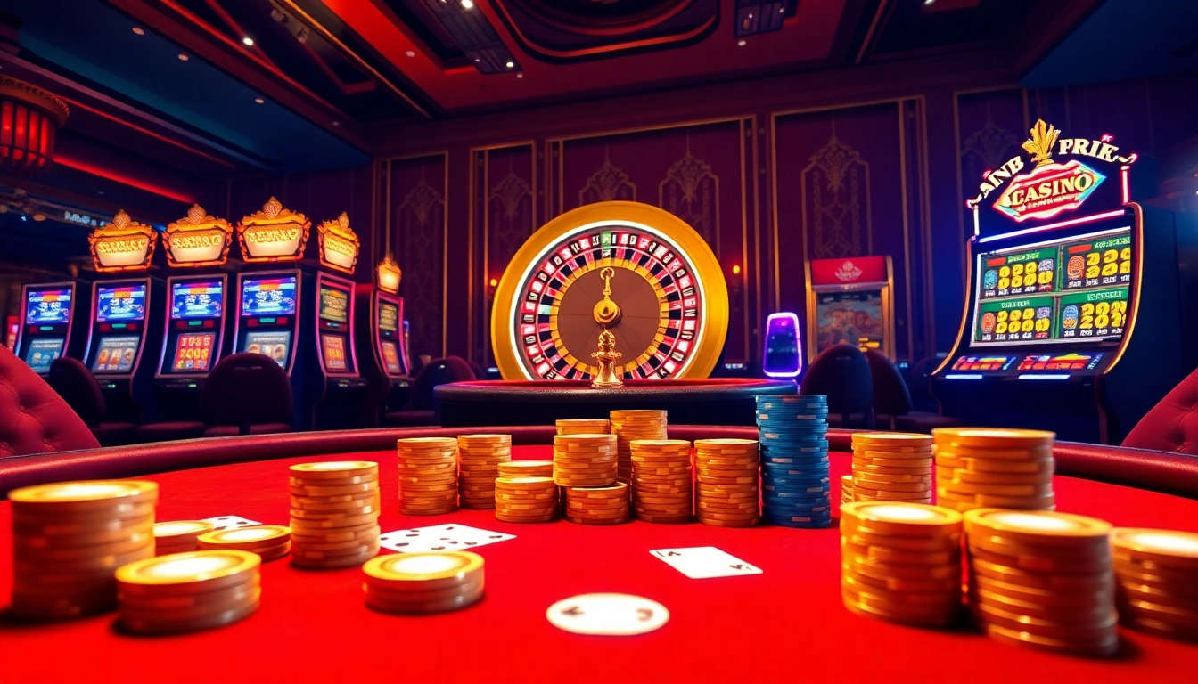 Experience the thrill at https://f168.group/ with a vibrant casino scene showcasing poker and slot machines.