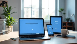 在明亮、现代化工作区的多台设备上显示的快连 VPN 界面。