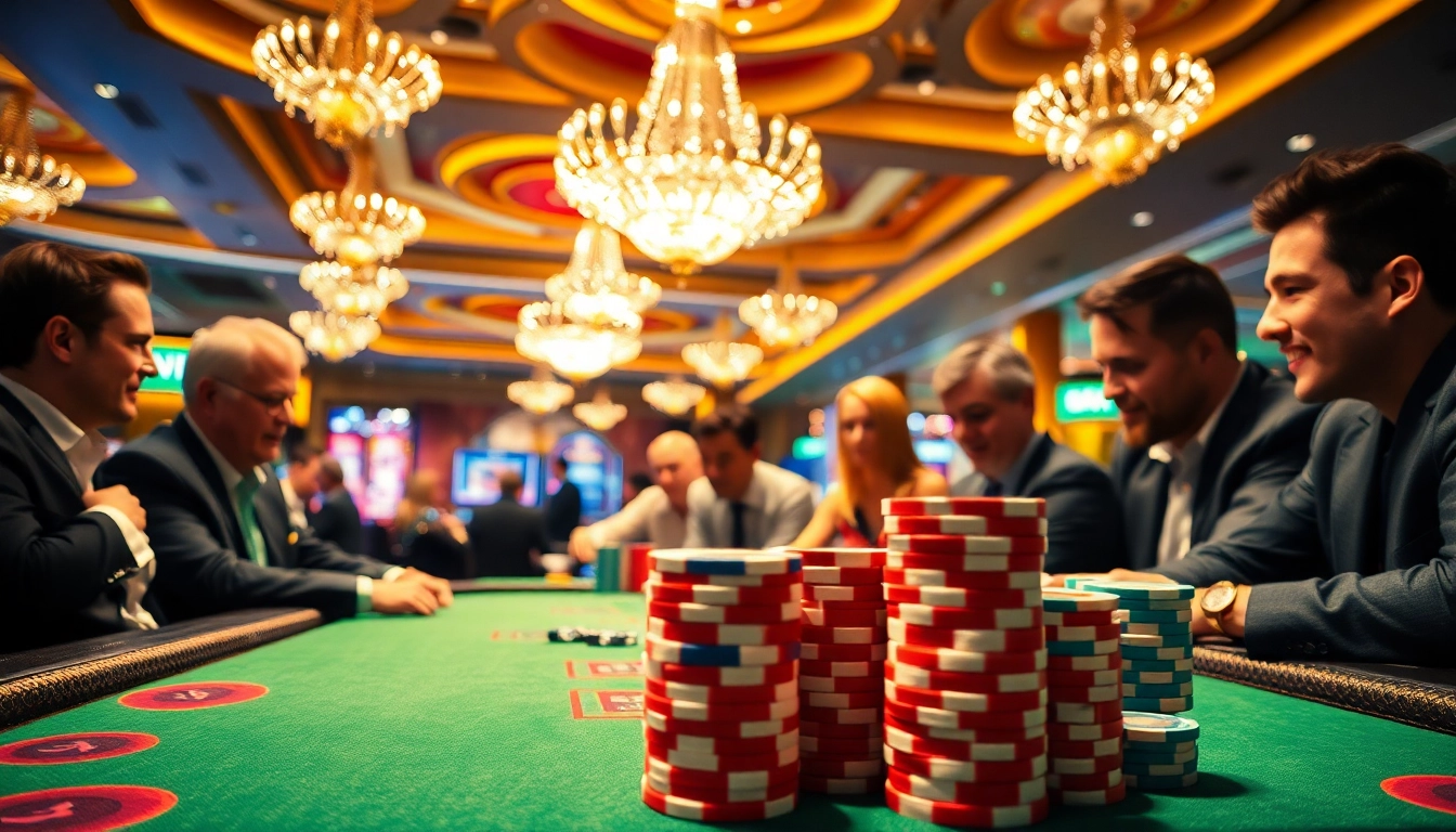 Menggambarkan ibet44, suasana kasino yang penuh semangat dengan pemain poker yang terlibat.