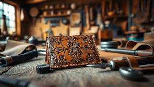 Showcasing beautifully crafted Tooled Leather wallet on rustic table, highlighting intricate designs.