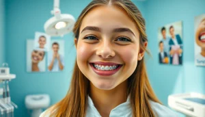 Smiling teen with braces highlighting Teen orthodontics Hawthorn benefits in a dental office setting.