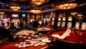 Scène de jeu passionnante au meilleur casino en ligne avec des jetons de poker et des joueurs.