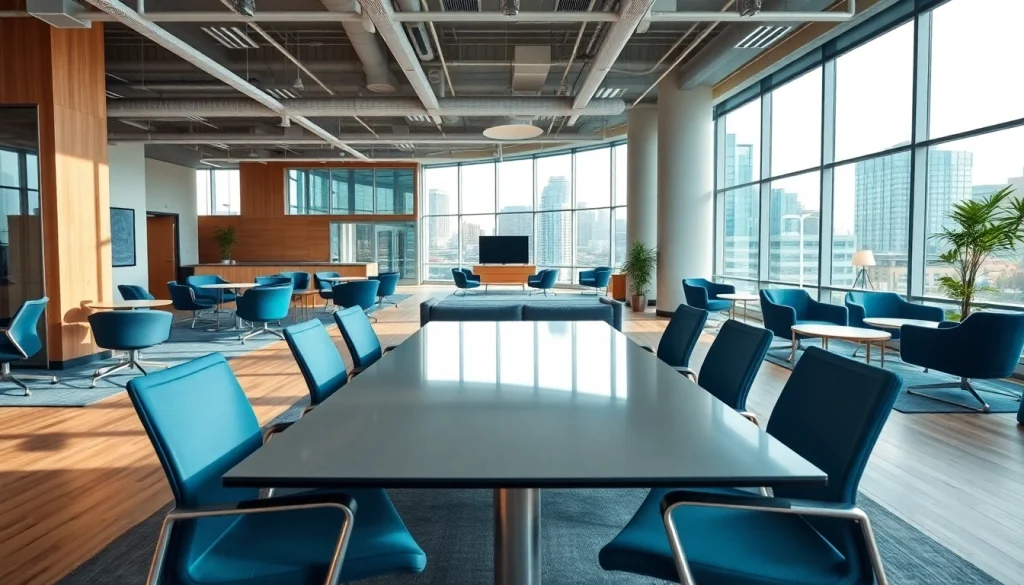 View of a professional office to rent Nottingham with modern furnishings and vibrant city views.