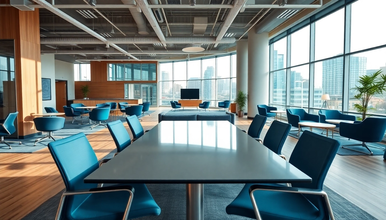 View of a professional office to rent Nottingham with modern furnishings and vibrant city views.