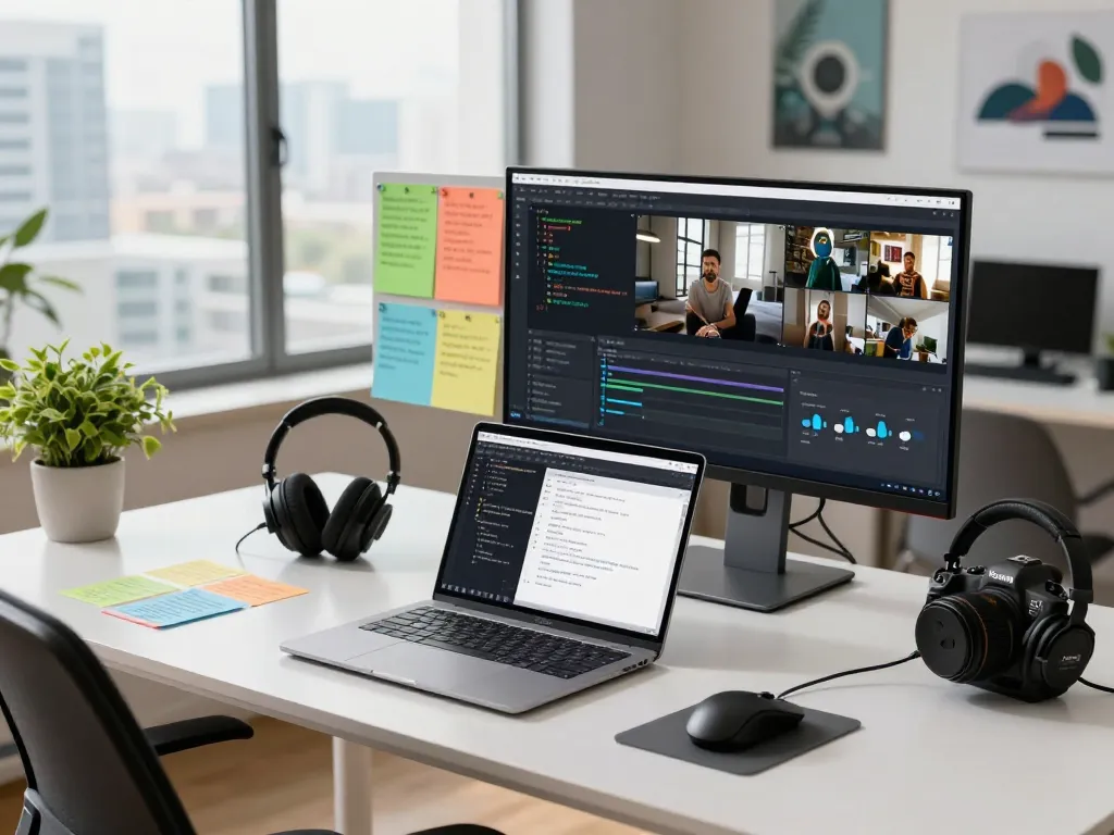 Dynamic workspace showcasing video to prompt ai analysis with modern technology and vibrant city view.