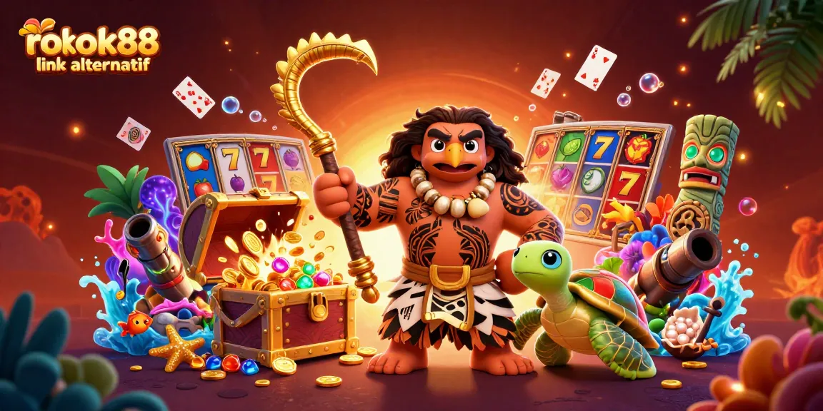 Engage with the rokok88 link alternatif through vibrant slot-themed 3D illustration full of jewels and treasure.