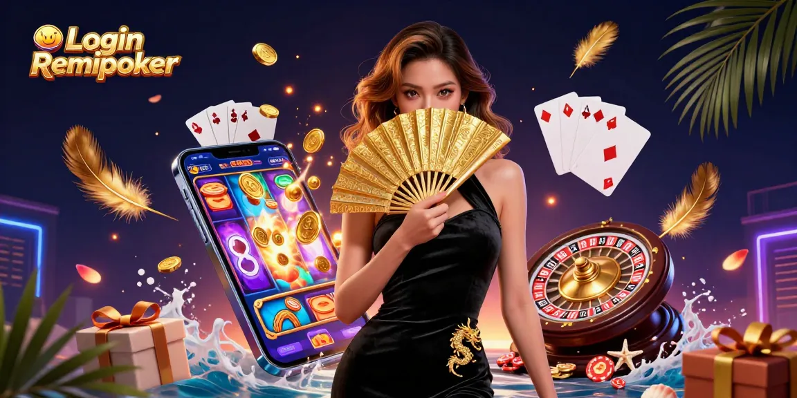 Experience seamless gaming with Login Remipoker, a stunning illustration showcasing online poker and gaming elements.