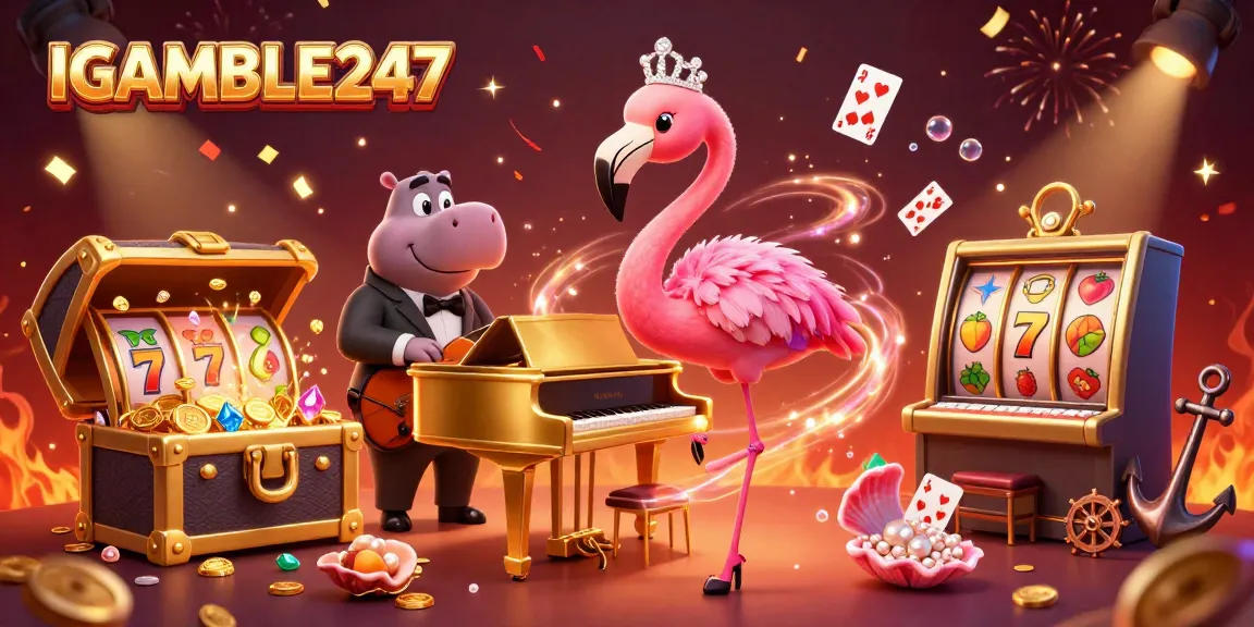 Spin the reels with IGAMBLE247 in a vibrant casino scene filled with excitement and treasures.