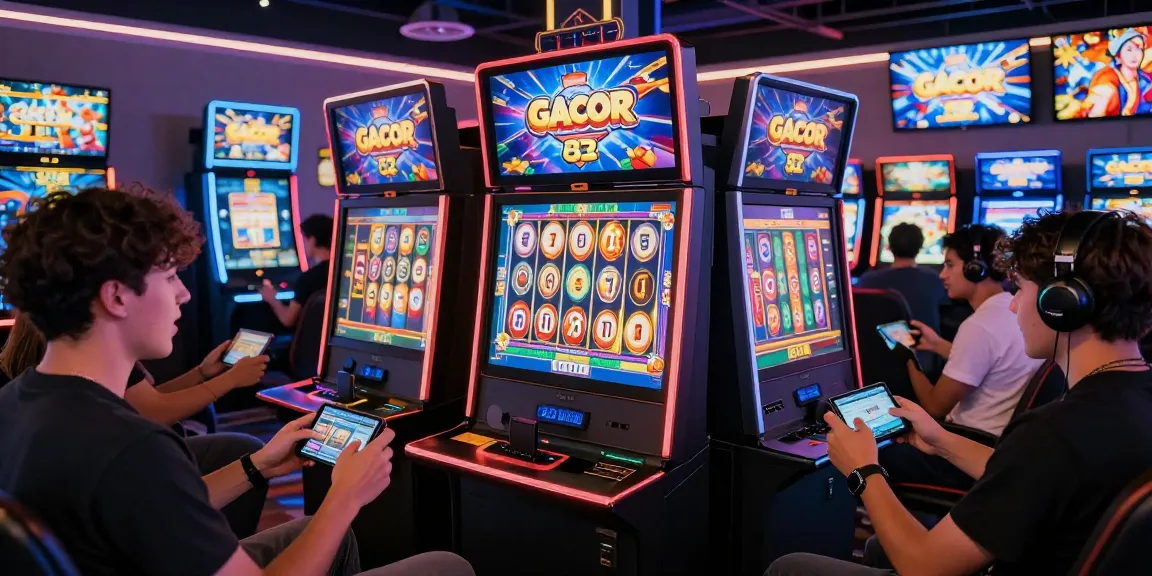 Exciting gaming session with players enjoying slot gacor games on digital devices, vibrant modern gaming atmosphere