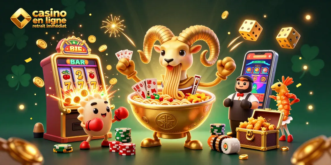 Profitez de gains rapides avec le casino en ligne retrait immédiat illustré par un ramen géant et des personnages ludiques.