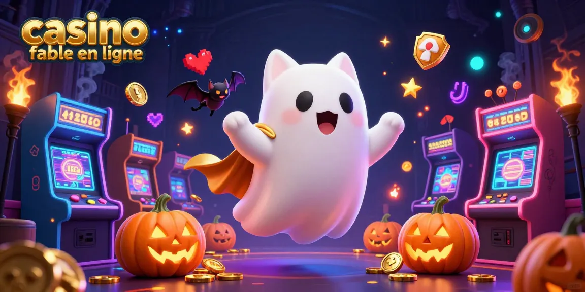 Jouez sur un casino fiable en ligne entouré de machines colorées, avec un chat fantôme et une chauve-souris.