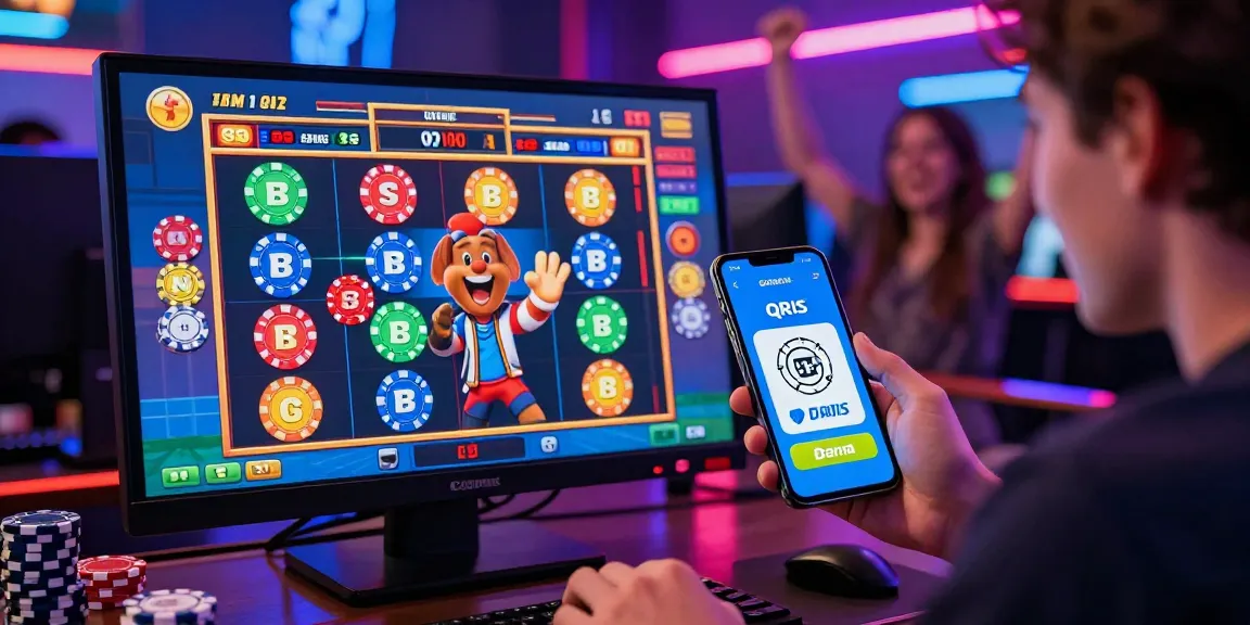 Celebrating a win on slot depo 5000 game with digital banking options in a vibrant online gaming setting.