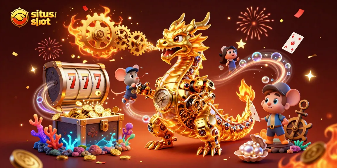 Experience excitement at situs judi slot with a golden dragon and slot elements blasting up gold coins.