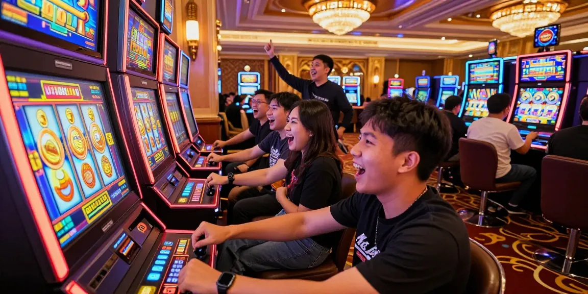 Exciting casino scene with players engaging at slot gacor machines, showcasing vibrant energy and anticipation.